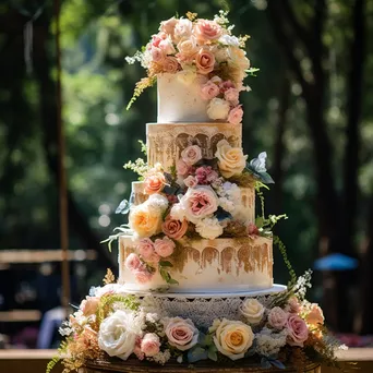 Multi-tiered wedding cake with fresh flowers - Image 2