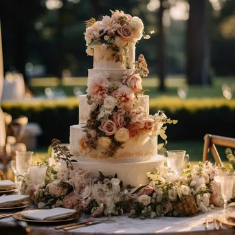 Multi-tiered wedding cake with fresh flowers - Image 3