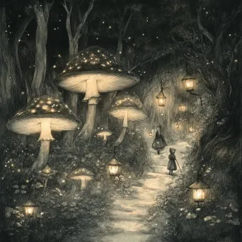 Detailed ink portrayal of mystical sprites in a lantern-lit forest with glowing mushrooms - Image 4