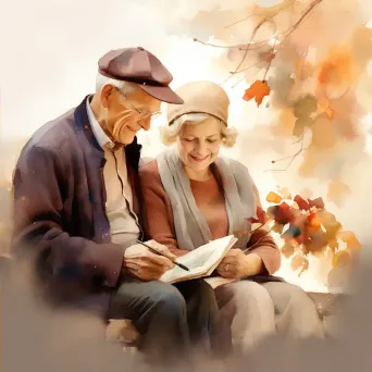 Watercolor painting of ageing couple nostalgically looking at old photos - Image 2