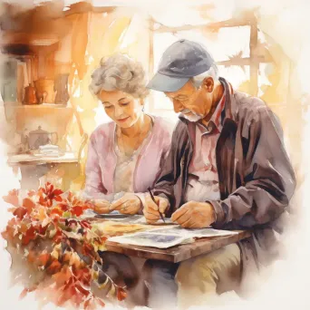 Watercolor painting of ageing couple nostalgically looking at old photos - Image 4