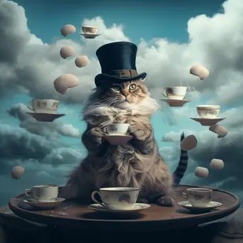 A cat in a top hat and monocle sitting on a floating cloud with scattered teacups. - Image 1