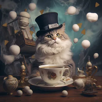 A cat in a top hat and monocle sitting on a floating cloud with scattered teacups. - Image 2