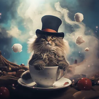 A cat in a top hat and monocle sitting on a floating cloud with scattered teacups. - Image 3