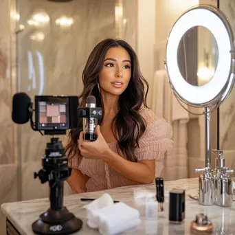 Influencer conducting a live makeup tutorial in a stylish bathroom - Image 3