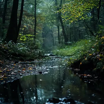 Woodland clearing during a gentle rain with a nearby stream. - Image 3