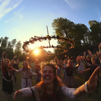 Participants celebrating summer solstice with bonfires and flower crowns. - Image 1