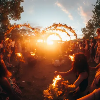 Participants celebrating summer solstice with bonfires and flower crowns. - Image 2