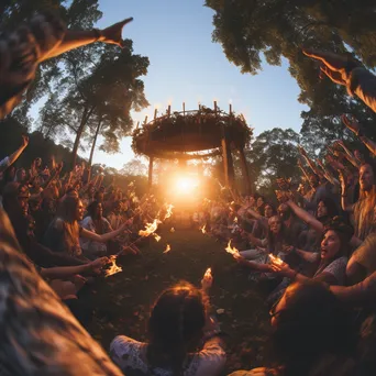 Participants celebrating summer solstice with bonfires and flower crowns. - Image 3