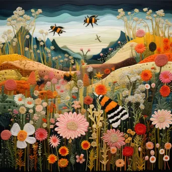 Eco-friendly textile depiction of a thriving bee colony with wildflowers, inspired by Impressionism - Image 3