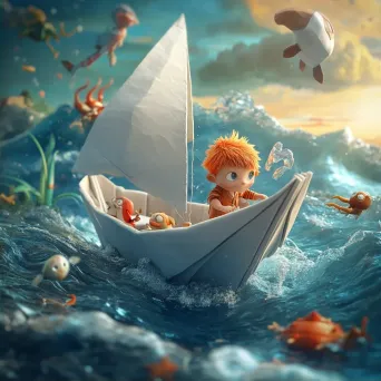 3D rendering of children on a paper boat sailing over sea creatures and sunken treasures - Image 2