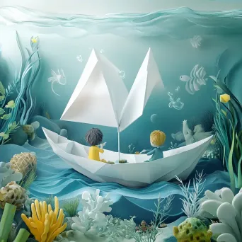 3D rendering of children on a paper boat sailing over sea creatures and sunken treasures - Image 4