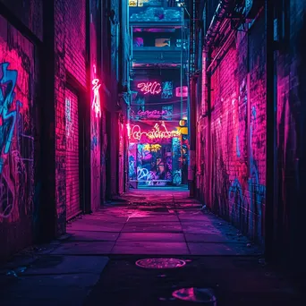 Alley with vibrant neon graffiti and glowing street art - Image 3