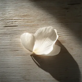 Single white flower petal resting on textured wood surface. - Image 2