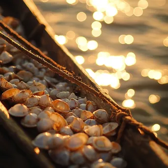 Pearl shells arranged on fishing boat at golden hour - Image 1