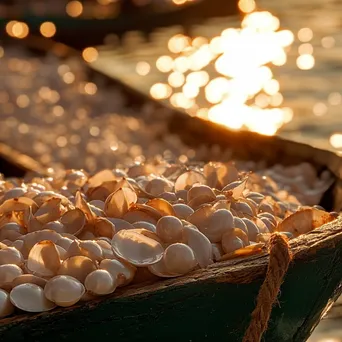 Pearl shells arranged on fishing boat at golden hour - Image 3