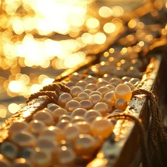 Pearl shells arranged on fishing boat at golden hour - Image 4