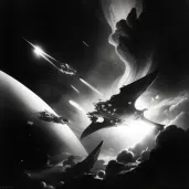 Illustration of a space battle with starfighters and capital ships under a glowing nebula - Image 2