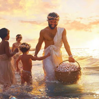 Pearl diver returning to shore with family at sunset - Image 1