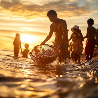 Pearl diver returning to shore with family at sunset - Image 3