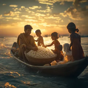 Pearl diver returning to shore with family at sunset - Image 4