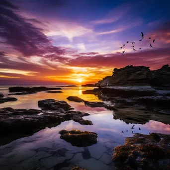 Vibrant rock pools at sunset with flying seagulls - Image 1