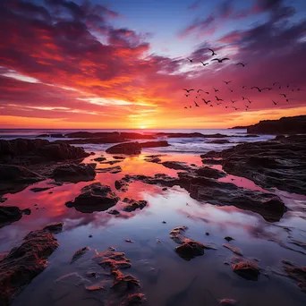 Vibrant rock pools at sunset with flying seagulls - Image 4