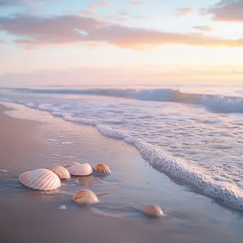 Peaceful beach scene at dawn with soft pastel skies, gentle waves, and seashells on the wet sand. - Image 1