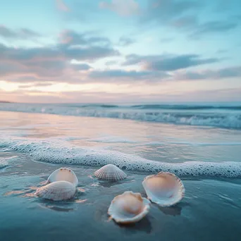 Peaceful beach scene at dawn with soft pastel skies, gentle waves, and seashells on the wet sand. - Image 4