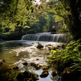 Traditional river weir surrounded by greenery under sunlight - Image 2