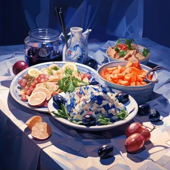 Sumptuous Greek mezze in low poly art, influenced by Byzantine mosaics - Image 2