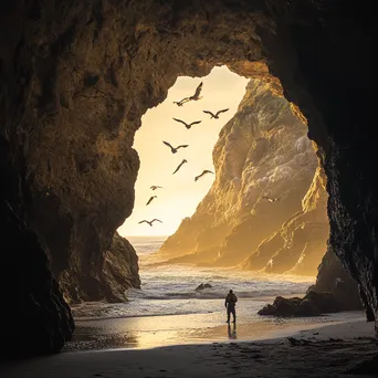 Explorer in a coastal cave during golden hour - Image 1