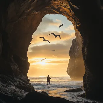 Explorer in a coastal cave during golden hour - Image 2