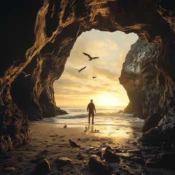 Explorer in a coastal cave during golden hour - Image 3