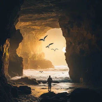 Explorer at Secluded Coastal Cave