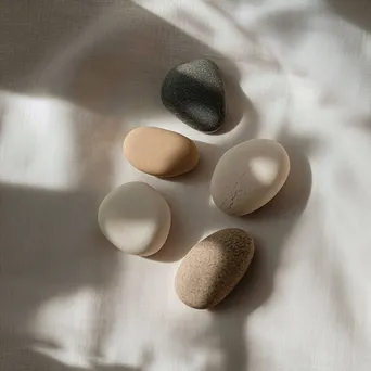 Pastel pebbles arranged on a soft linen cloth. - Image 1