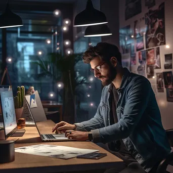 A graphic designer working on multiple screens with design drafts in a studio. - Image 1