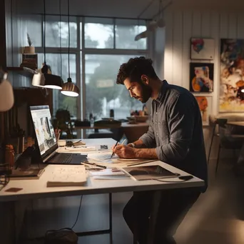 A graphic designer working on multiple screens with design drafts in a studio. - Image 2