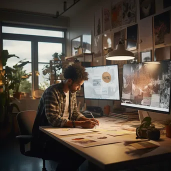 A graphic designer working on multiple screens with design drafts in a studio. - Image 4