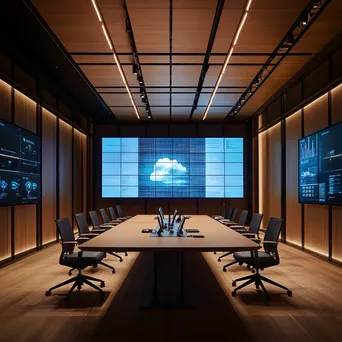 Meeting room with digital displays on cloud computing concepts and warm decor. - Image 2