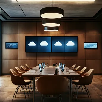 Meeting room with digital displays on cloud computing concepts and warm decor. - Image 3