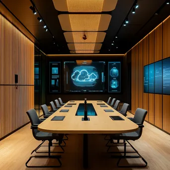 Meeting room with digital displays on cloud computing concepts and warm decor. - Image 4