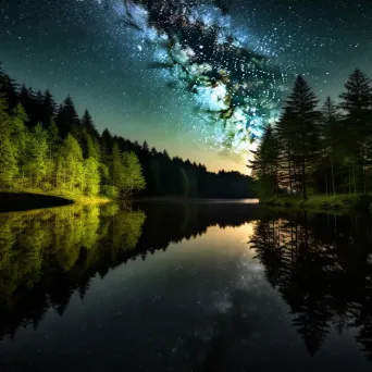 Milky Way galaxy over tranquil lake with star reflections and green forest - Image 3