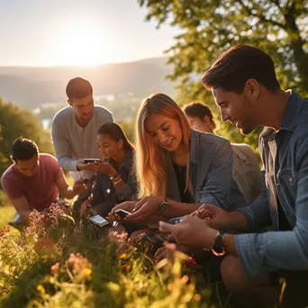 Friends enjoying picnic while checking notifications on smartwatches - Image 2