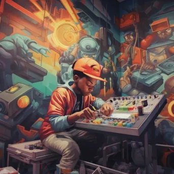 Graffiti artist creating a mural illustrating the evolution of hip hop culture from its origins to its global impact - Image 1