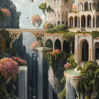 Surrealist interpretation of the Hanging Gardens of Babylon with floating plants and waterfalls - Image 1