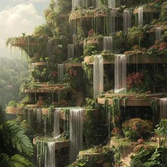 Surrealist interpretation of the Hanging Gardens of Babylon with floating plants and waterfalls - Image 3