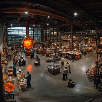 View of a busy glass-blowing studio with artisans at work - Image 1