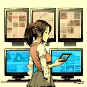 Illustration of a businesswoman checking stock market data on multiple screens - Image 1