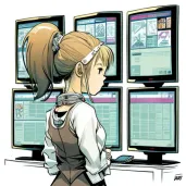 Illustration of a businesswoman checking stock market data on multiple screens - Image 2